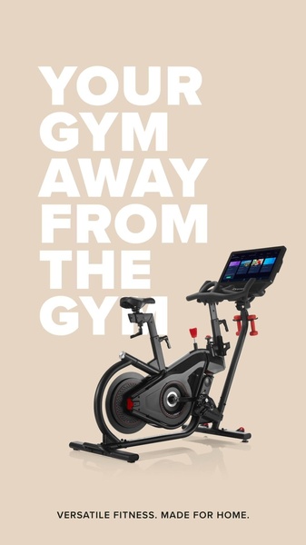 A high-contrast, text-led 9:16 vertical ad featuring a single stationary exercise bike against a neutral beige background to emphasize home convenience.